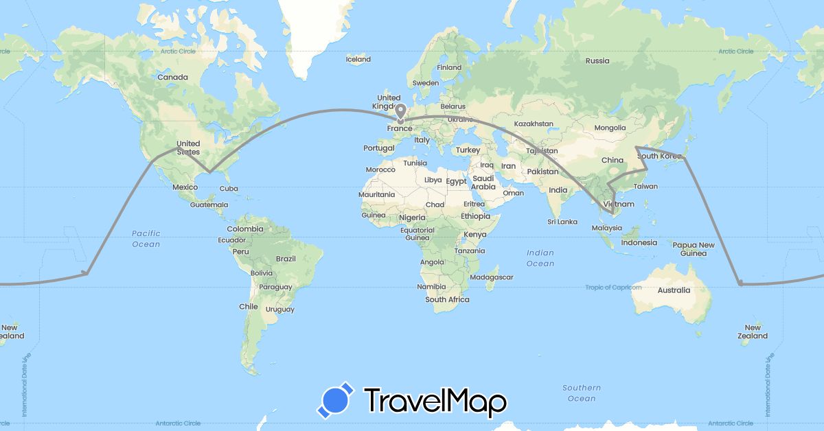 TravelMap itinerary: driving, plane in China, France, Japan, Cambodia, New Caledonia, Nepal, Thailand, United States, Vietnam (Asia, Europe, North America, Oceania)